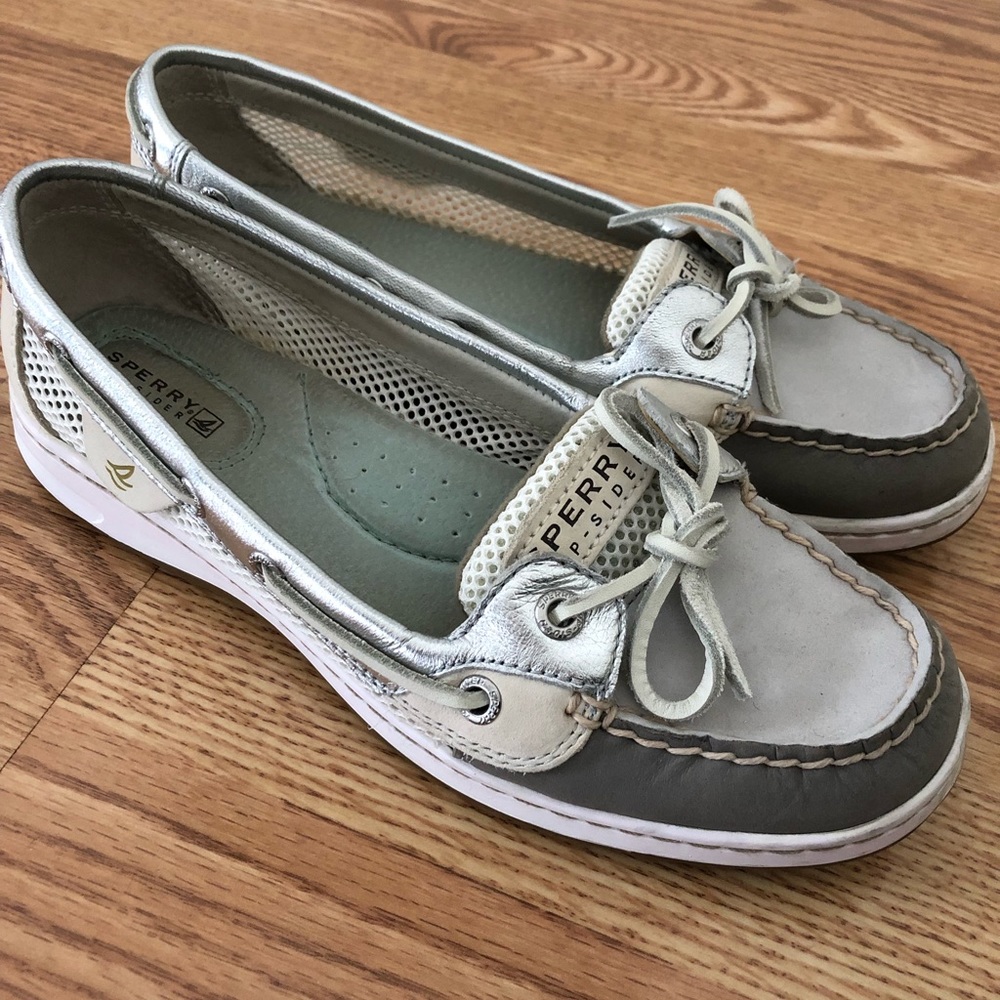 Sperry Top Sider Boat Shoes, Silver, Gray, & White